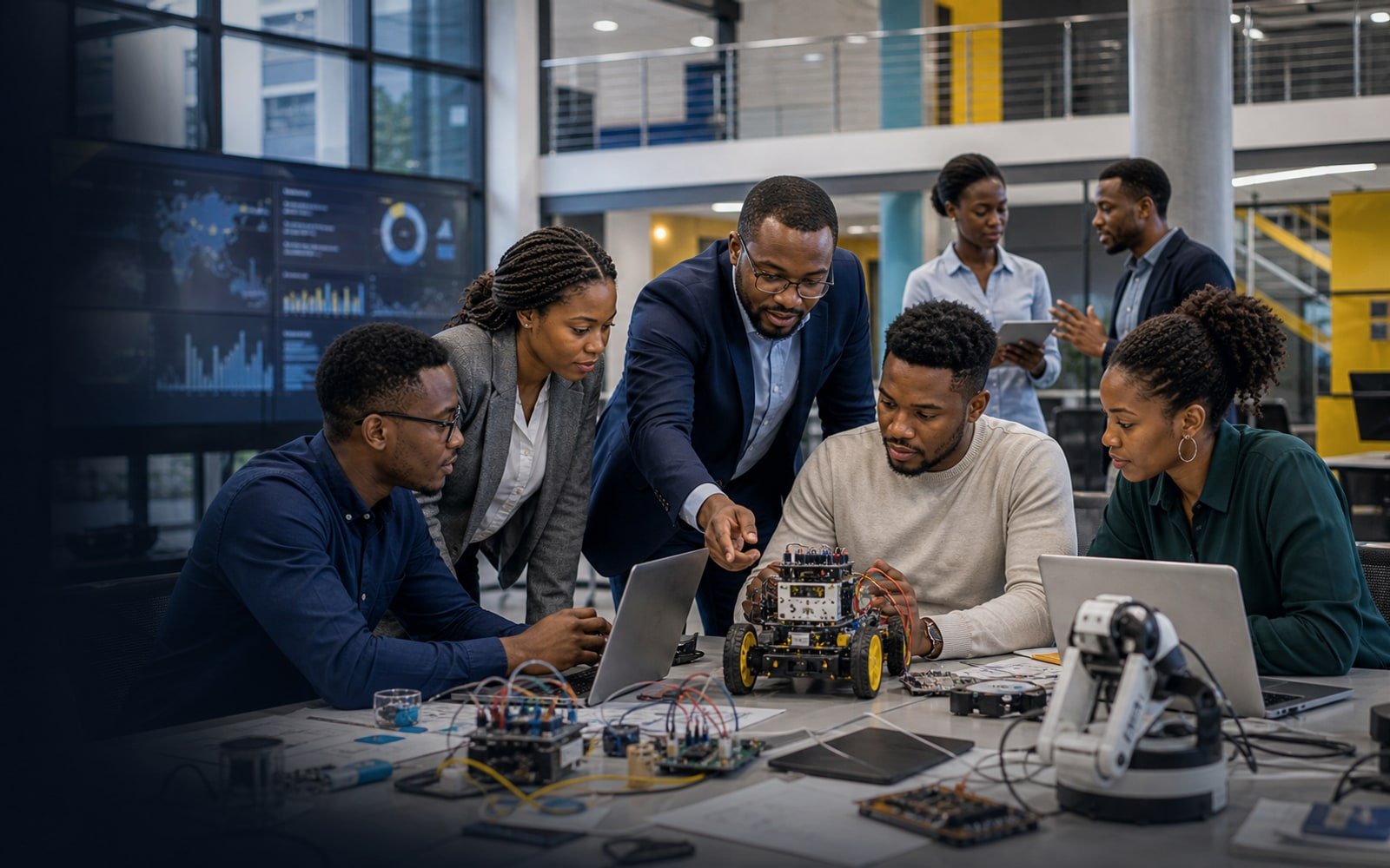 Diploma students and faculty mentors working in an Ed-Tech Africa technology lab